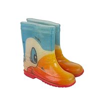 Pair of vintage kids' rain boots with colorful duck face design, blue, orange, and red coloring, sized for kids.