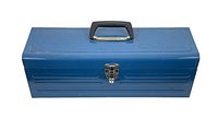 View of blue metal toolbox with black handle and metal latch closed.