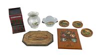 Lot contents showing all items including Wells Fargo wooden bank, porcelain vase and bowl, wooden octagonal tray, and wooden plaque with images.