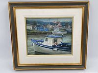 Framed painting centered against white background showing entire lot including mat and frame.