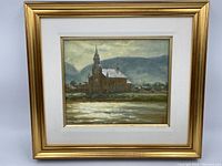 Overall view of framed oil painting showing composition, frame, and mat.