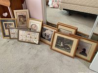 Several framed prints arranged on carpet including a dog-themed print titled 'A Dog's Life' with multiple dog illustrations, and other wildlife or animal-themed art mostly with wooden frames.