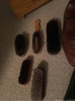 Five different shoe brushes with varying bristle types and sizes, displayed on carpet.
