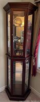 Full view of entire cabinet showing its three-sided glass display with wood framing and flat back
