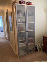 Front view of cabinet closed, showing frosted glass doors and silver frames