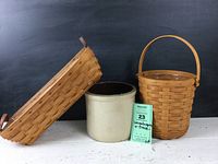 Wide shot of two Longaberger baskets and ceramic crock together