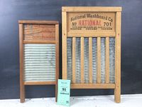 Shows both vintage washboards side by side with wooden frames and zinc scrubbing surfaces.