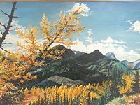 Close-up image of the acrylic on board painting showing autumn trees and mountain scenery under a blue sky with clouds.