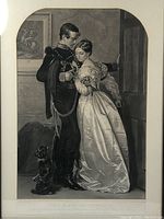 Monochrome print detail showing the couple in period attire, soldier with sword and woman in elegant dress with small dog at feet