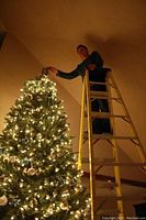 Man standing near top of ladder decorating a Christmas tree