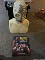Front view of the plastic Alanna Head bust showing mask residue and the Hollywood Makeup Lab book in front