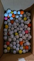 Box containing many used golf balls in white, yellow, orange, and pink scattered inside a cardboard box.