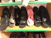 Shelf with six pairs of women's sandals and flip-flops displayed, showing variety in color and style.