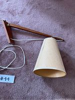 Disassembled view on carpet showing teak mount block, arm, shade, cord