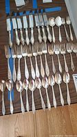 All utensils arranged in rows: 8 knives, 4 specialty spoons, 2 small three-prong forks, 8 dinner forks, 5 salad forks, 8 teaspoons.