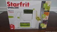 Box packaging of Starfrit Spiralizer showing full product image and highlighting 3 blade options.
