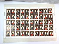 Full sheet pane showing all 60 stamps in 10 x 6 arrangement, featuring colored portraits with brown background.