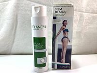 White plastic bottle labeled Elancyl Slim Design Stubborn Cellulite along with its original box packaging showing a woman model and product claims.