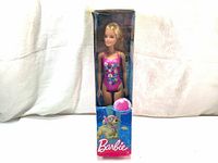 Front view of Barbie beach doll in original box, showing full doll and packaging graphics.