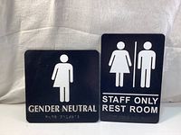 Front view of two black restroom signs, one gender neutral with a single figure and Braille, the other staff only with male and female figures and Braille.
