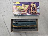 Top view of the locomotive inside the box showing a painted illustration of the train on the box lid.