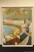 Full frontal view of framed oil on board painting showing overall artwork and frame