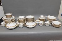 Wide view of entire porcelain china set including serving bowls, plates, bowls, cups, and saucers.