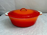 Front view of the exterior of the cast iron cooking pot showing red-orange enamel finish and lid with handle.
