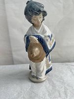 Front and side view of the NAO porcelain figurine showing the painted shawl and straw hat held by the girl.