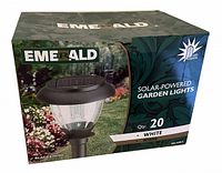 Box of 20 Emerald solar-powered garden lights with black finish and white LEDs, showing front packaging.
