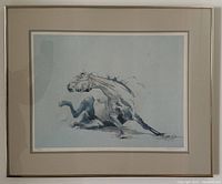 Full front view of the framed limited edition print titled 'Fallen Horse'. Shows the stylized horse in shades of blue/gray and the beige double mat frame with glass.