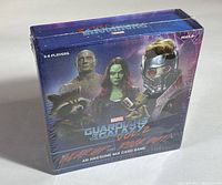 Photo of sealed box of Guardians of the Galaxy Vol. 2 Gear Up and Rock Out card game featuring main characters on front and Marvel branding.