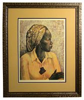 Full view of framed, matted reproduction print of Karl Broodhagen's portrait titled "Hartley," showing profile of Barbadian woman with headwrap in warm tones.