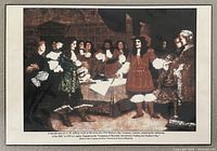 Photo shows the dry mounted artwork reproduction depicting the 1670 chartering of Hudson's Bay Company with a group of men in period clothing standing around a table in a dark setting with text caption beneath the image.