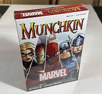 Front view of Munchkin Marvel Edition game box showing Marvel characters and branding