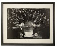 Front view of framed black and white photograph of jazz musicians playing brass instruments in overhead formation