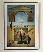 Frontal photo of the framed surreal collage art showing the entire artwork, frame, and glass mount.