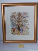 Full framed abstract impressionist oil painting featuring still life vessels and signature visible.