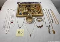 Complete view of all jewelry including necklaces, earrings, brooches, bracelets, and mother of pearl box laid out on white background.