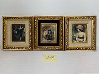 Three framed vintage European folk engraved portraits on celluloid with ornate gold frames and fabric mats, arranged side by side.