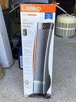 Photo of the boxed Lasko Ultra Ceramic Heater showing front and product features on packaging.