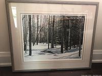Framed limited edition print featuring a snowy forest of birch trees.