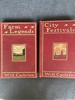 Two books side by side with visible titles 'Farm Legends' and 'City Festivals' by Will Carleton, showing cover details and artwork.