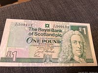 Front side of the 1996 Royal Bank of Scotland £1 note showing portrait, denomination, and bank details.
