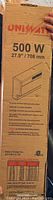 Photo of the unopened box of Uni Heat 500 watt white baseboard heater showing product specifications and packaging design.