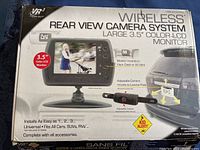 Box front showing product name, 3.5-inch color LCD monitor image, installation instructions, and compatibility details.