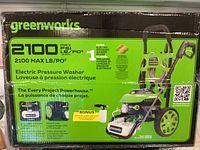 Front of original Greenworks box showing model name, max PSI and electric pressure washer label