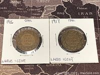 Front side of 1916 and 1917 Canadian Large One Cent coins showing denomination and year with wreath design.