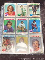 Front view of nine assorted 1975-76 O-Pee-Chee NHL hockey cards showing players from Flames, North Stars, Sabres, Canucks, Bruins, Islanders, Black Hawks, and Blues with player names, team logos, and photos.