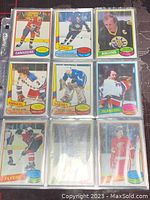 Front view of 9 assorted cards featuring players from Canadiens, Kings, Bruins, Rangers, Sabres, Islanders, Flyers, Red Wings